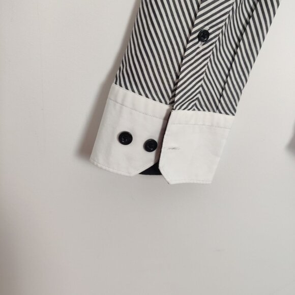 Sarar Men's Color Block Striped Button Down Shirt in Black White Cotton Office - Picture 4 of 9